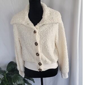 June & Hudson Cream Sherpa Faux Fur Jacket Oversized Collar Button‎ Front Large